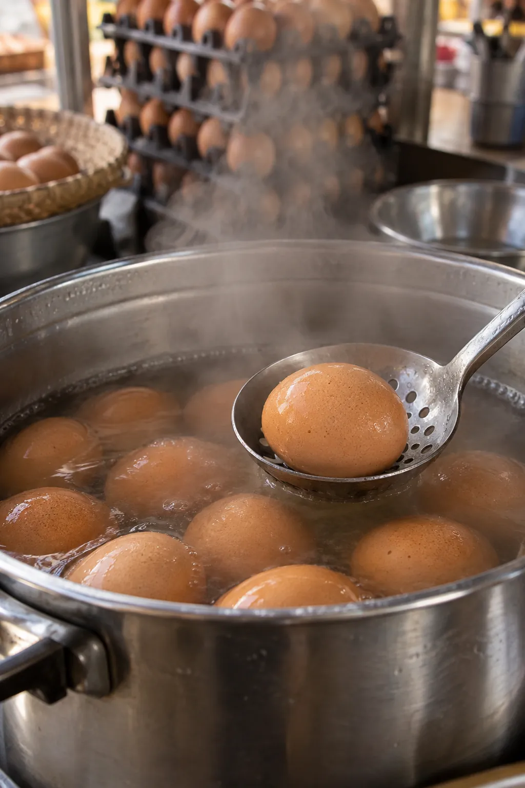 หม้อต้มไข่ไก่ในร้านไข่ดี มีไอน้ำลอยขึ้นขณะตักไข่ด้วยกระชอน