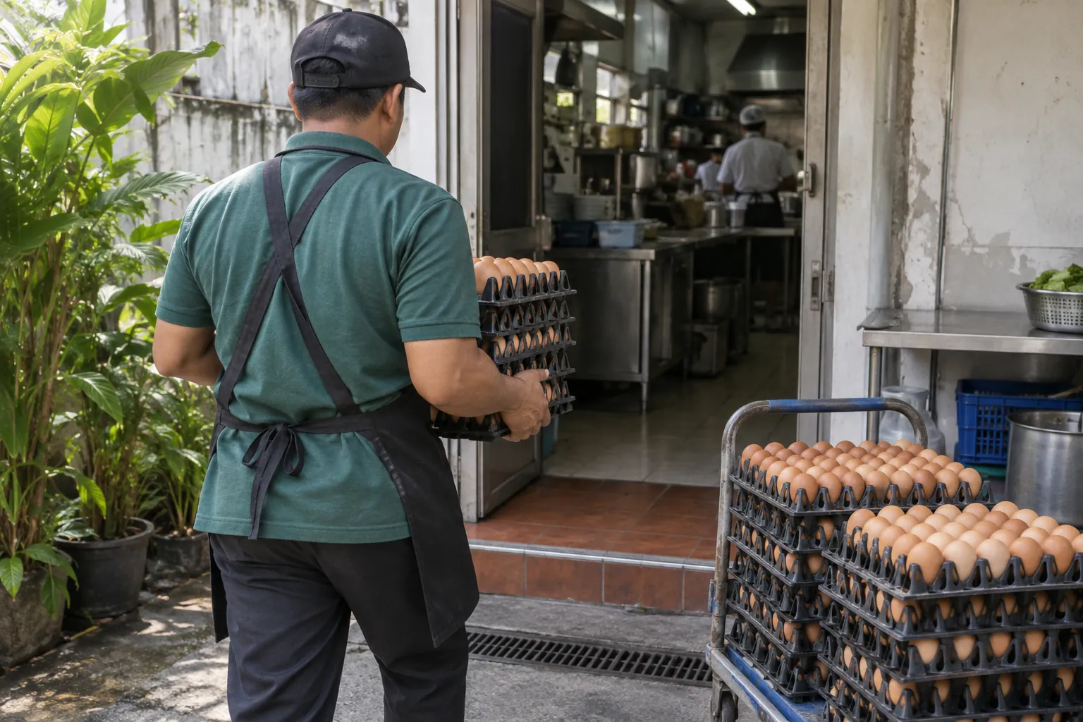 พนักงานส่งถาดไข่ไก่ถึงหลังร้านอาหารลูกค้า