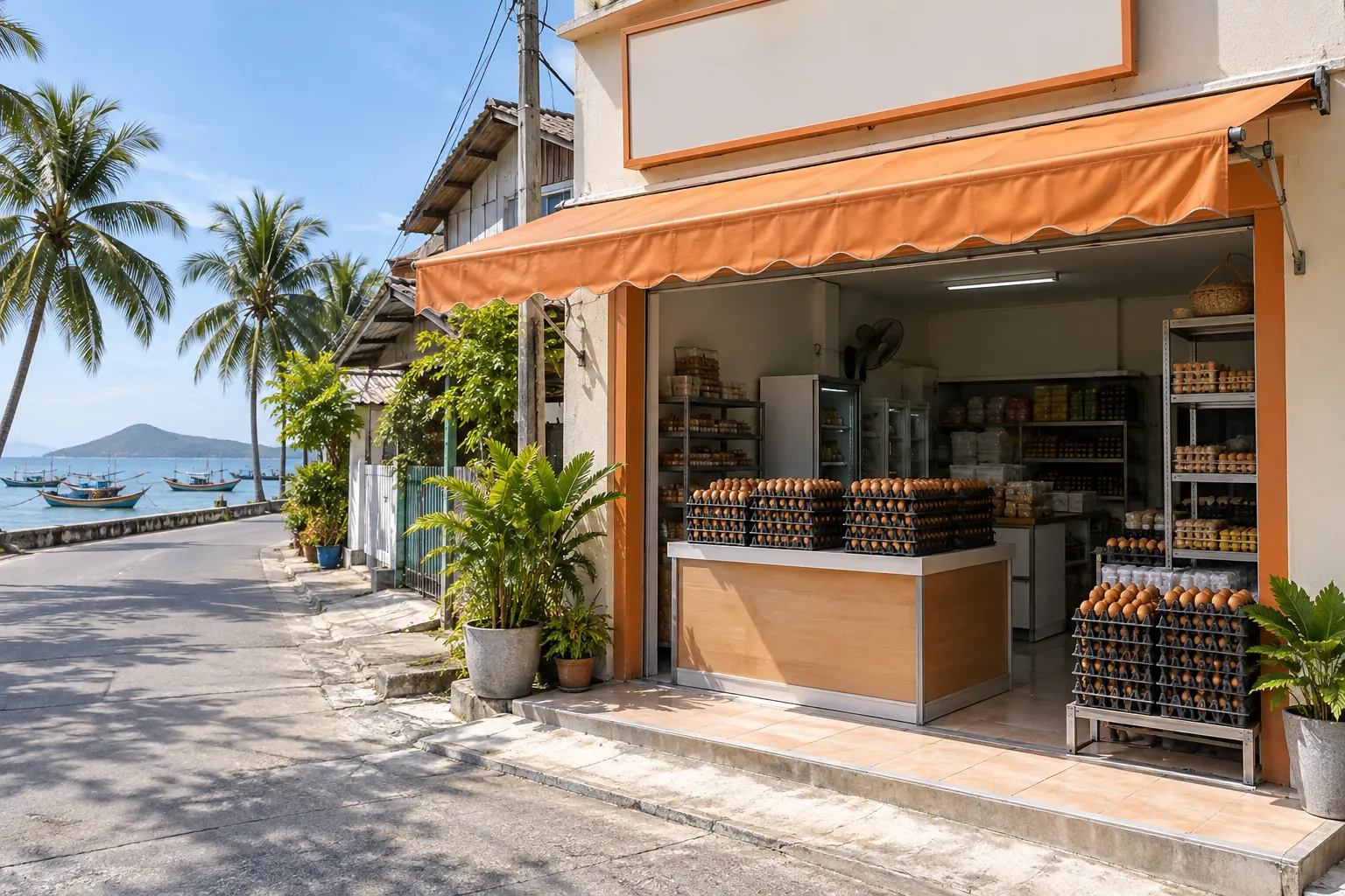 หน้าร้านไข่ดี สาขาตัวเมืองสงขลา ริมถนนใกล้ทะเล มีถาดไข่วางจำหน่ายหน้าร้าน