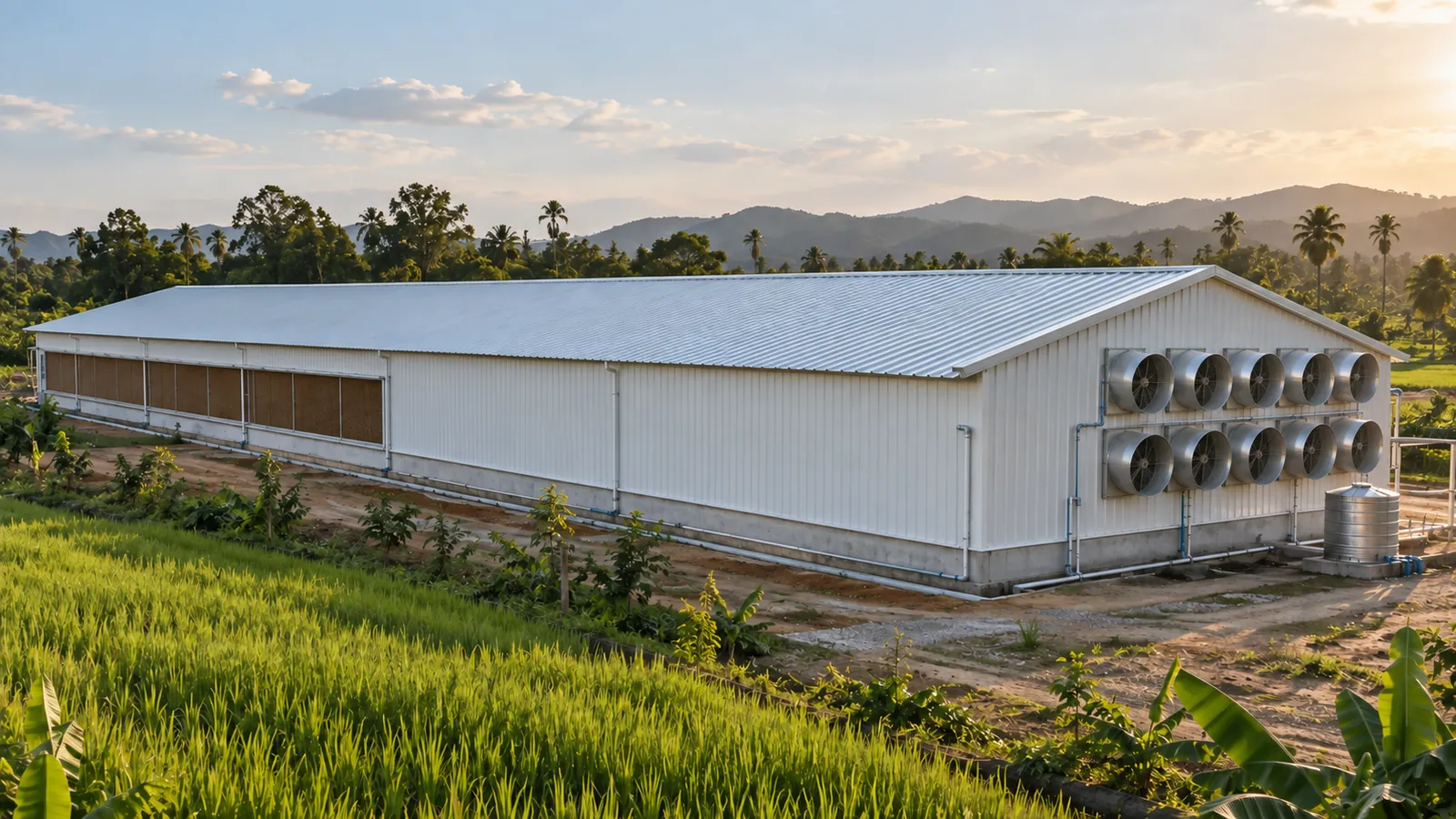 ภายนอกโรงเรือนฟาร์มไก่ไข่ระบบปิด (EVAP) ที่อำเภอรัตภูมิ จังหวัดสงขลา